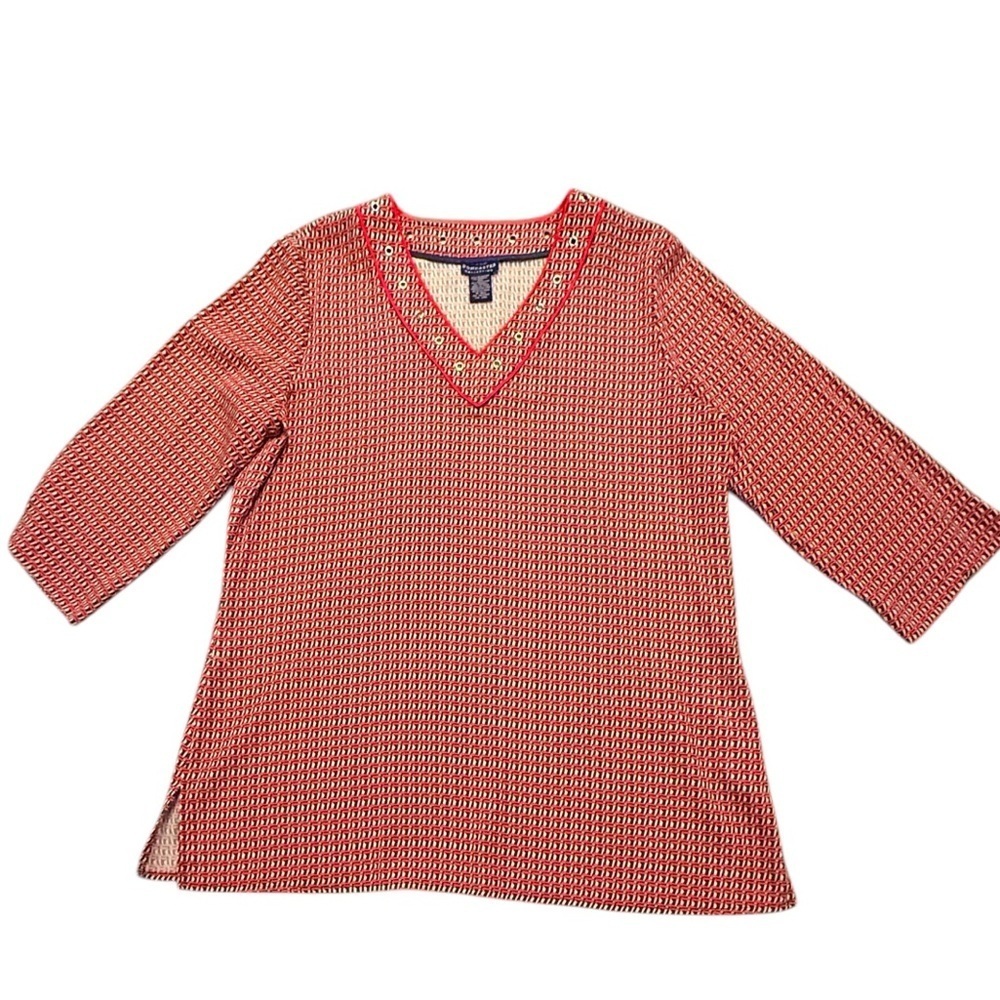 Doncaster Red/Navy V-Neck Women's 3/4 Sleeve Gold Chain Top Size 14/XL